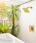 Metal Shower Faucet Complete Bathroom Wall Mounted System With 6 Inch Rainfall Shower Head Setup in outdoor setting