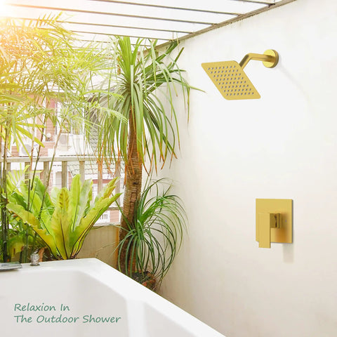 Metal Shower Faucet Complete Bathroom Wall Mounted System With 6 Inch Rainfall Shower Head Setup in outdoor setting