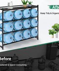Heavy Duty 4 Tier Water Jug Rack With Top Shelf Holds Up To Nine 5-Gallon Bottles, Space Saving Storage For Garage, Shop, Man Cave, Or Home, Keeps Your Water Station Neat And Ready. Black steel rack with nine 5-gallon jugs