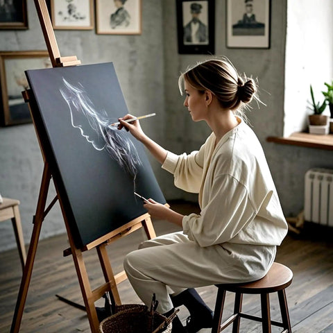 Artist painting with white charcoal on canvas, using White Charcoal Pencil Set For Artists, 6-Piece, Soft, Medium, And Hard Grades.