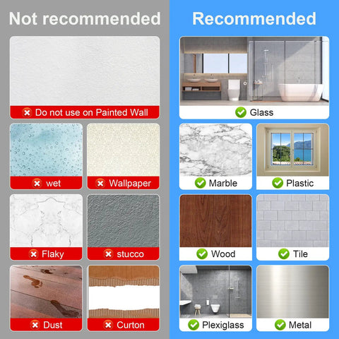 Comparison guide for Heavy Duty Adhesive Wall Hooks 22lb Max, 50 Pack Transparent Sticky Hangers on recommended surfaces vs non-recommended surfaces.