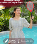 Woman holding red 2 Pack Electric Fly Zapper Rackets Handheld Bug Swatters Red And Blue Battery Powered For Mosquitoes And Flies