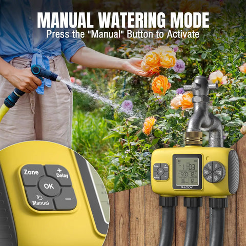 Manual watering mode on Three Zone Sprinkler Timer For Outdoor Irrigation, Beefy Heavy Duty Controller with garden hose.