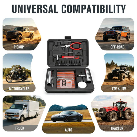 Heavy Duty 70 Piece Tubeless Tire Repair Kit With T Handle Puller And Rubber Plugs Complete Flat Tire Fixer Set For Cars Trucks shown with various vehicles for universal compatibility.