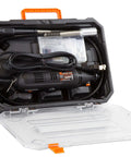 WEN 23103 rotary tool front view in black carrying case with orange latches and flex shaft