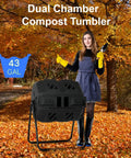 Dual Chamber Tumbling Compost Bin With Sliding Doors No Fuss, 43 Gallon Outdoor System for garden patio kitchen yard