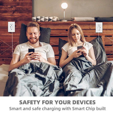 Couple using phones with Plug And Play USB Outlet With Type C And Type A Dual Fast Charging Receptacle on wall