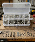 120 Piece Stainless Steel Screw Kit With M2 To M5 Hex Nuts Round Head Machine Screws Flat Washers And Spring Washers 304 Stainless Hardware Set For Electronics DIY Repair And Maker Projects, open case on workbench
