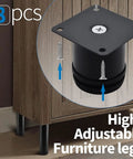 Close-up of 2.5 Inch Heavy Duty Adjustable Black Stainless Steel Furniture Legs Set for cabinets, 8 Pack With Screws