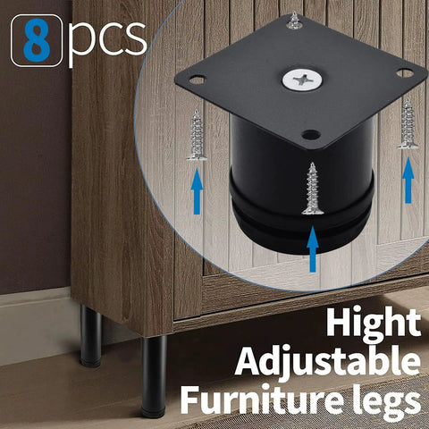 Close-up of 2.5 Inch Heavy Duty Adjustable Black Stainless Steel Furniture Legs Set for cabinets, 8 Pack With Screws