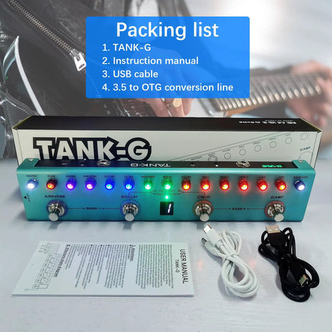 Tank G Multi Effects Guitar Pedal With 36 Editable Presets And A 3000mAh Rechargeable Battery includes manual and cables