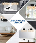 Matte Black 3 Light Vanity Wall Sconces With Clear Glass Shades, E26 Base Bathroom Lights, shown in mirror, kitchen, living room, and bathroom settings