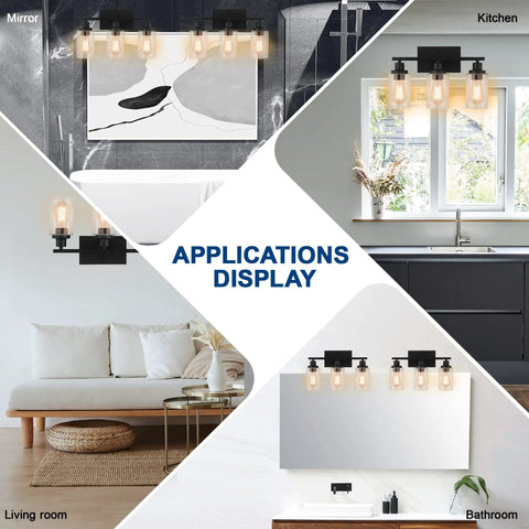 Matte Black 3 Light Vanity Wall Sconces With Clear Glass Shades, E26 Base Bathroom Lights, shown in mirror, kitchen, living room, and bathroom settings