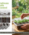 Five Pack Seed Starter Tray Kit With Humidity Dome 60 Cells Total on windowsill with hand adjusting clear lid.