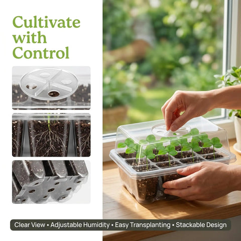 Five Pack Seed Starter Tray Kit With Humidity Dome 60 Cells Total on windowsill with hand adjusting clear lid.