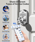 Satin Nickel Smart Keypad Door Lock With Handle Dropping No Sweat Keyless Entry Security To Your Front Door With Smooth App Control and Backup Keys For Family And Guests, showcasing access code options.