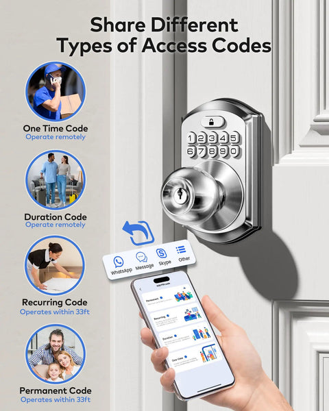 Satin Nickel Smart Keypad Door Lock With Handle Dropping No Sweat Keyless Entry Security To Your Front Door With Smooth App Control and Backup Keys For Family And Guests, showcasing access code options.