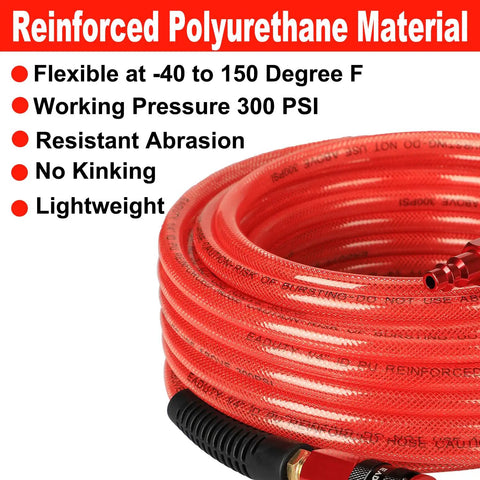 Beefed Up Heavy Duty One Quarter Inch By Fifty Foot Polyurethane Air Hose with Reinforced Construction, Lightweight, Anti Kink, Red
