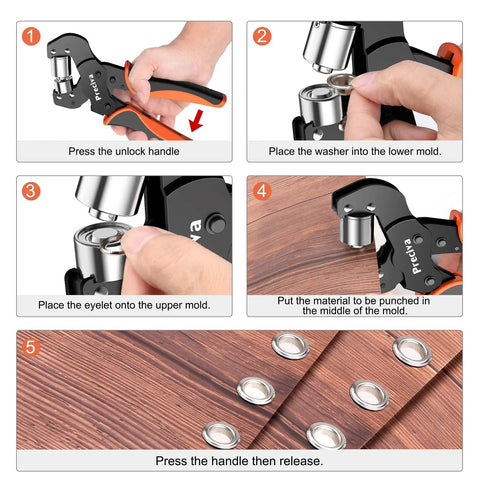 Steps to use Heavy Duty Pro Grade Grommet Tool Kit Three Eighths Inch With Detachable Head Eyelet Pliers on fabric
