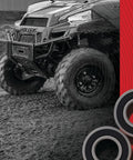 Close-up of off-road vehicle and wheel bearings; Wheel Bearing Kit For Harley And Kawasaki With 2 Ball Bearings, Double Lip TC Seals