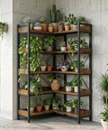 Five Tier Corner Bookshelf Sturdy Metal Frame 14 Inch Tall Shelves Plant Stand Storage Rack Vintage Brown with plants