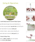 Setup and operation guide for an Automatic Bird Bath Shower With Pump For Parrots And Small Birds, showing assembly steps.