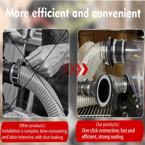 Hassle Free Magnetic Dust Collection Quick Connect Fitting System For Shop Vacuums And Woodworking Machinery With Four And Two Point Five Inch Rare Earth Adapter Kit, showing comparison of installation methods.