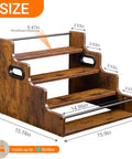 Four Tier Stadium Style Liquor Bottle Display Shelf 16 Inch Rustic Wood Rack with guard rails and handles, size dimensions shown