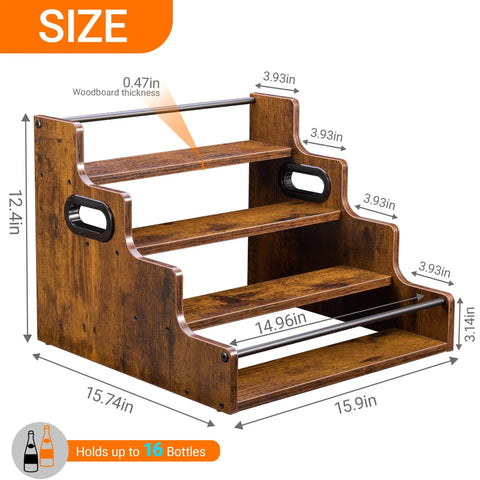 Four Tier Stadium Style Liquor Bottle Display Shelf 16 Inch Rustic Wood Rack with guard rails and handles, size dimensions shown