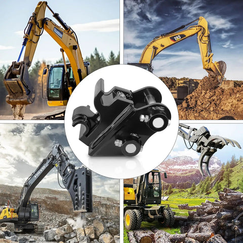 Universal Quick Change Mini Excavator Attachment Connector for Small Diggers in action with various attachments.