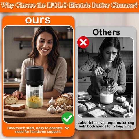 Comparison of a modern Electric Butter Churn One Touch Butter Maker in Five to Ten Minutes with traditional manual churning.