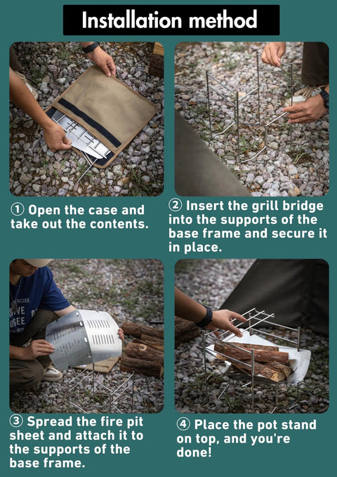 Solo Grill A4 Portable Camping Fire Pit installation steps 1-4 showing setup process with foldable frame and carry bag