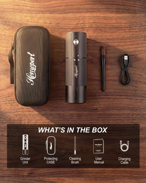 Upgraded High Speed Electric Coffee Grinder With Heavy Duty Stainless Steel Burrs For Quick Perks And Smooth Pour Over Grinds In A Durable Matte Black Build Made For Hustle Ready Mornings with cleaning tools and case.