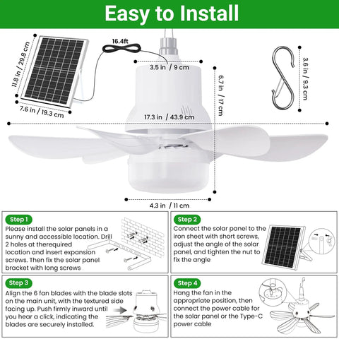 Solar Powered Ceiling Fan With Light For Outdoors, 17.5 Inch Portable Camping Fan diagram and installation instructions.