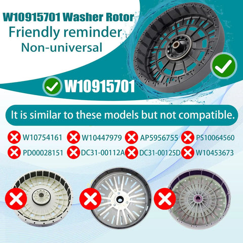Black 9.45 Inch Washer Rotor Replacement For Kenmore And Whirlpool Machines W10006482 W10915701 Motor Rotor Washing Machine Assembly No Fuss Install Durable OEM Alternative, W10915701 shown