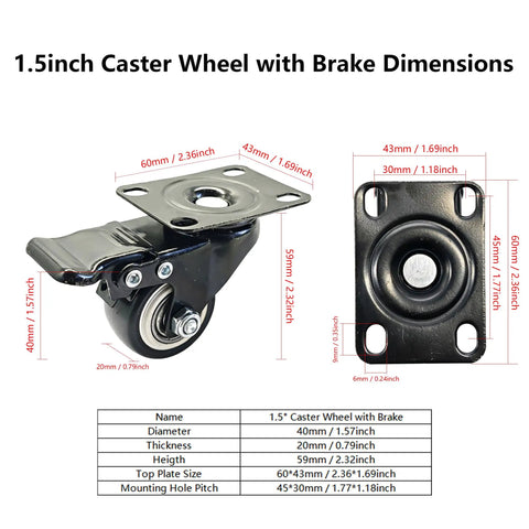 Heavy Duty Silent Caster Wheel Set Built Tough For Daily Grind Features Dead Quiet PU Rollers And Precision Ball Bearings dimensions and details