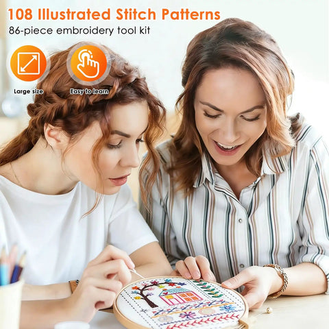 Two women using DIY Embroidery Stitch Book Kit With Illustrated Guide To 106 Universal Stitches And 86 Piece Sewing Tool Kit.