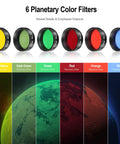 All In One 7 Piece 1.25 Inch Telescope Filter Kit For Planetary And Lunar Viewing includes 6 color filters for enhancing views.