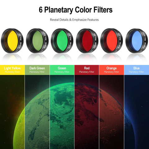All In One 7 Piece 1.25 Inch Telescope Filter Kit For Planetary And Lunar Viewing includes 6 color filters for enhancing views.