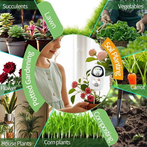 Collage of gardening activities with 2-In-1 Soil Moisture And pH Test Kit With Dual Dial Meter for versatile plant care.