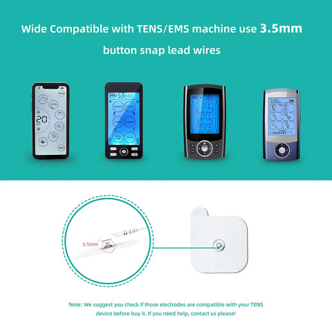 Universal Replacement Pads For Tens Units 40 Adhesive Electrodes Reusable 2 By 2 Inch Snap On 3.5 Mm Connectors Compatible With Most Muscle Stimulators Easy Stick Long Lasting Comfort, 3.5mm snap electrode shown with TENS/EMS units