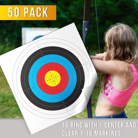 Bulk 30 Pack Archery Target Paper 40x40cm 10 Ring Indoor Target Faces With young girl aiming bow outdoors