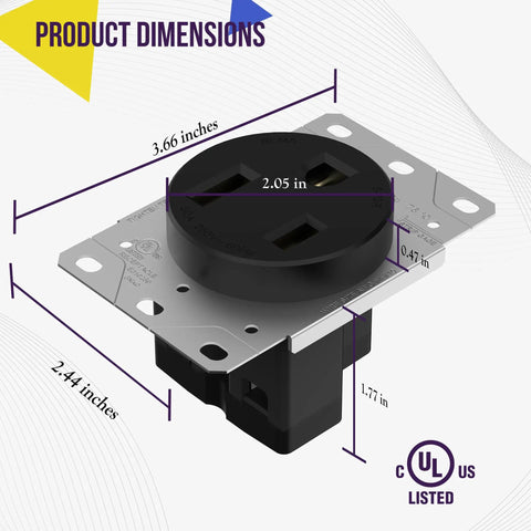 Heavy Duty NEMA 6 50R Power Outlet 50 Amp 250V Receptacle For Welders Plasma Cutters Electric Ranges Dryers And More 2 Pole 3 Wire Black 65500 BK Durable shown with product dimensions.