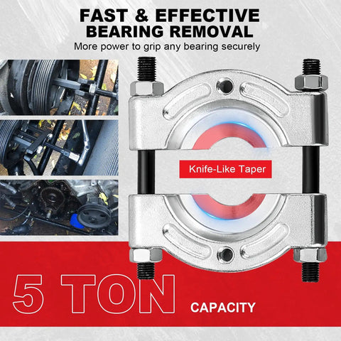 Heavy Duty 12pcs Bearing Puller Set With 5 Ton Capacity And Separator Kit With 2 And 3 Inch Jaws For Wheel Hub Axle Pinion Removal Drop Forged Carbon Steel Construction Black Oxide Finish To Stubborn Gears In Garage Shop For Pros Doing Auto Repair Work shown removing bearing, 5 ton capacity