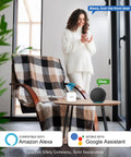 Woman using Fingerprint Smart Door Lock with Alexa and Google Assistant in cozy living room setting.