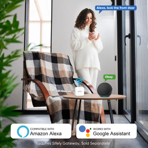 Woman using Fingerprint Smart Door Lock with Alexa and Google Assistant in cozy living room setting.