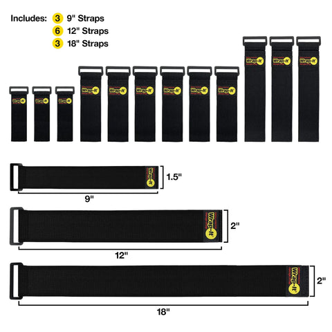 Assorted Twelve Pack Elastic Cinch Straps For Cords, Hoses, Ropes And Cables, showing three size variations and quantities.