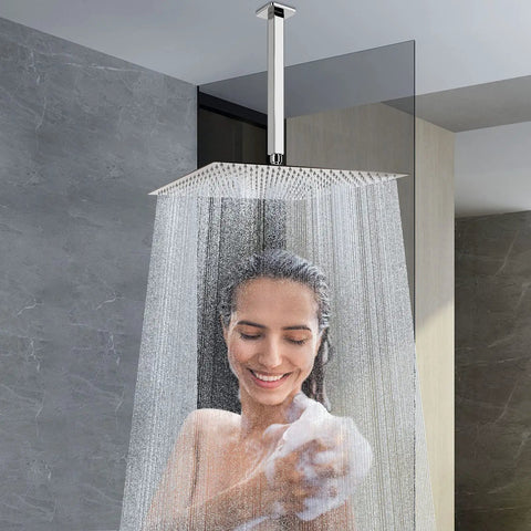 Rain Shower Head With Arm And Square Ceiling Mount, 16 Inch Stainless Steel Chrome Finish, Full Body Coverage Rainfall Showerhead, Delivers High Pressure Even With Low Water Pressure, Water Saving Waterfall Experience
