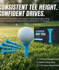 Stepped Golf Tees Set 110 Count Plastic Tees With Fixed Height Stops For Consistent Drives packaging next to golf ball on tee