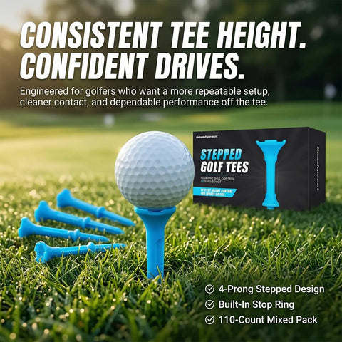 Stepped Golf Tees Set 110 Count Plastic Tees With Fixed Height Stops For Consistent Drives packaging next to golf ball on tee